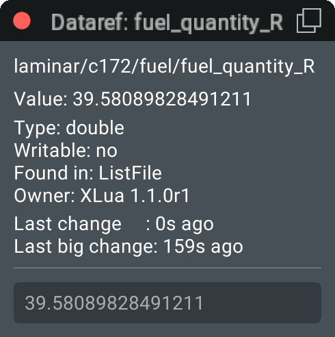 Dataref inspection window, showing the dataref's owner