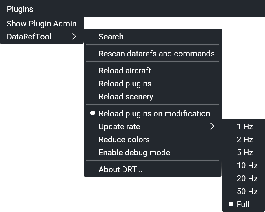 DataRefTool menu, with the 'Update rate' submenu selected