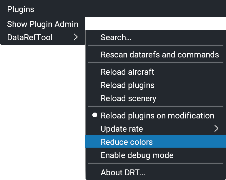 Screenshot of DataRefTool, showing how to select an alternate color scheme