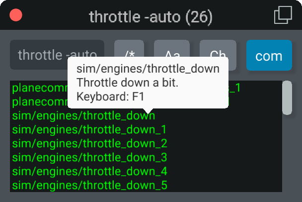 Tooltip for a command in the search window, showing they description and keyboard shortcut